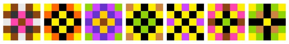 Colorful pixelated square patterns in retro mosaic style on white background Stock Illustration