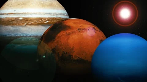 Colorful planets floating in deep space with a bright star and dramatic lig.. Stock Footage 340388751