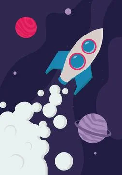 Colorful planets, rocket, galaxy Stock Illustration