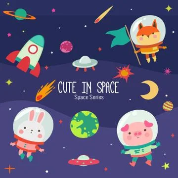 Colorful planets with some cute characters Stock Illustration