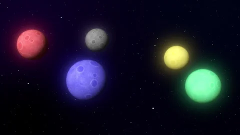 Colorful planets spinning in a circle in space (loop) Vidéo 332930341