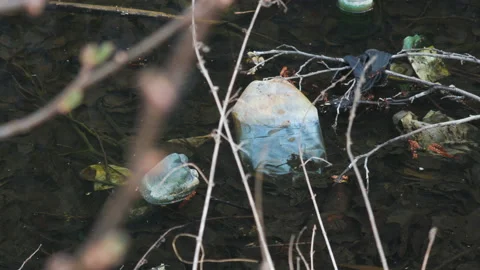 Colorful plastic bottles of drinks float in the water and clog the environment Vídeos de archivo 106975956