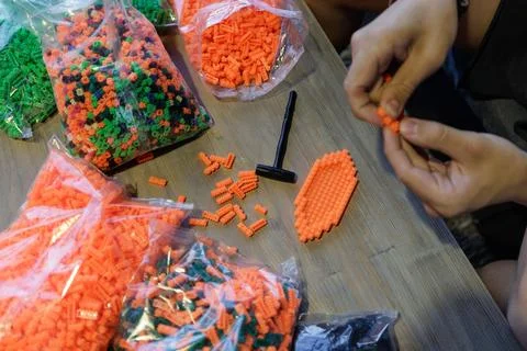 Colorful Plastic Construction Blocks for Creative Learning and Play Stock Photos