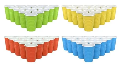 Colorful plastic cups arranged in triangle shapes and isolated on white Stock Illustration