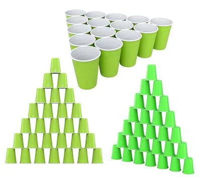 Colorful plastic cups arranged in triangle shapes and isolated on white, symb 스톡 일러스트