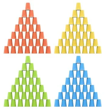 Colorful plastic cups arranged in triangle shapes and isolated on white, sy.. Stockillustratie