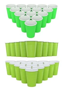 Colorful plastic cups arranged in triangle shapes and isolated on white, sy.. Stockillustratie