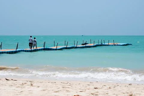 Colorful plastic dock with sea background Stock Photos