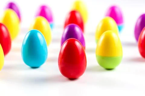 Colorful Plastic Easter Eggs on white background Stock-Fotos