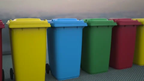 Colorful plastic garbage cans, the concept of sorting and separate garbage colle Stock Footage 210803194