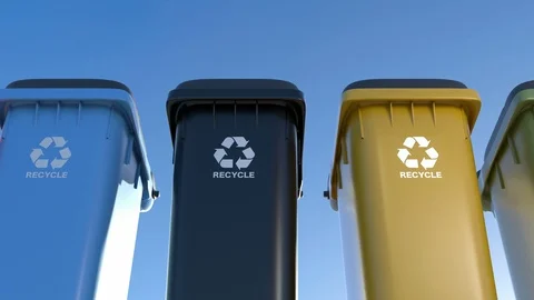 Colorful plastic trash cans with a logo recycling Stock Footage