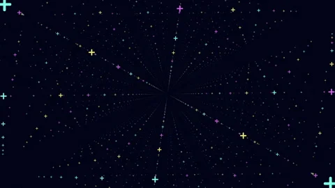 Colorful plus sign particles flying through abstract tunnel in deep space Stockbeeldmateriaal 334138600