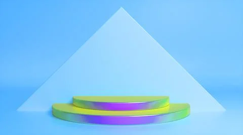 Colorful podium on blue abstract triangular background. Blank showcase mockup Stock Illustration