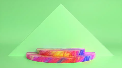Colorful podium on green abstract triangular background. Blank showcase mocku Stock Illustration