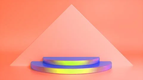 Colorful podium on orange abstract triangular background. Blank showcase mock Stock Illustration