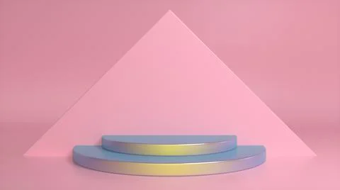 Colorful podium on a pink abstract triangular background. Blank showcase mock Stock Illustration