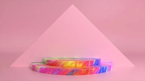 Colorful podium on a pink abstract triangular background. Blank showcase mock Stock Illustration