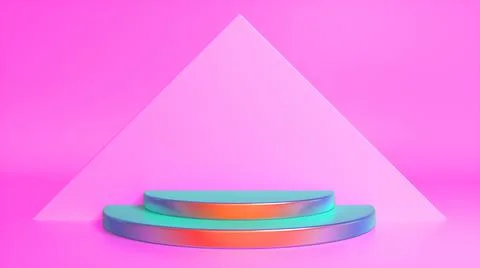 Colorful podium on pink abstract triangular background. Blank showcase mockup Stock Illustration