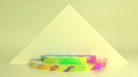 Colorful podium on yellow abstract triangular background. Blank showcase mock Stock Illustration
