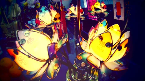 Colorful point of view background with flower glass lamps from Chinese temple. Stock Footage 37247139