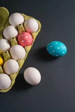 Colorful polka dot Easter eggs in egg tray, greeting card, top view Stock Photos