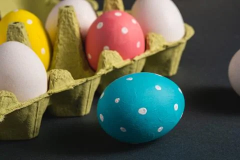 Colorful polka dot Easter eggs in egg tray, greeting card, macro angle view Stock Photos