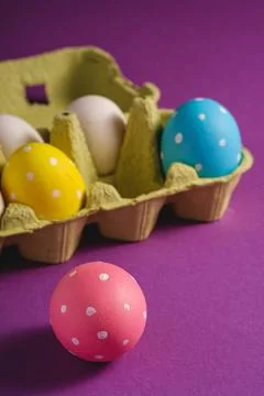 Colorful polka dot Easter eggs in egg tray on purple violet plain background Stock Photos
