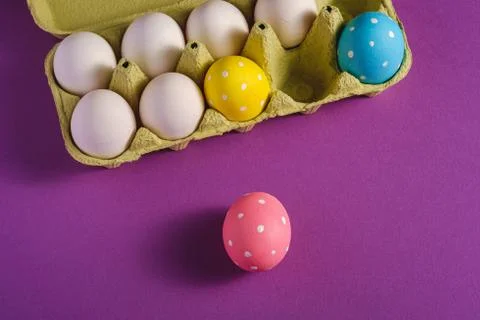 Colorful polka dot Easter eggs in egg tray, greeting card, copy space Stock Photos