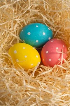 Colorful polka dot Easter eggs in wooden nest, greeting card, angle view Stock Photos