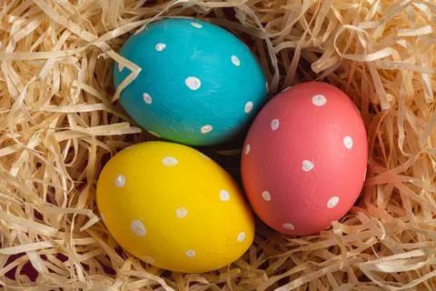 Colorful polka dot Easter eggs in wooden nest Stock Photos