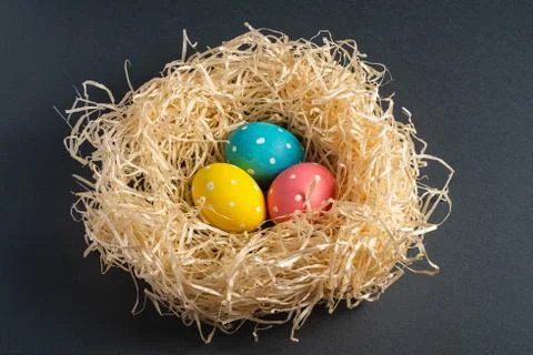 Colorful polka dot Easter eggs in wooden nest on dark background Stock Photos