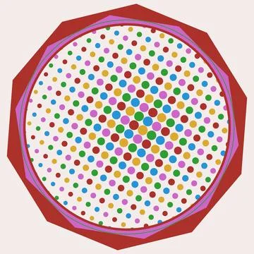 Colorful polka dot pattern with red and purple border on white background Stock Illustration