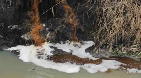 Colorful pollution toxic  water from pipes in small pond Stock Footage
