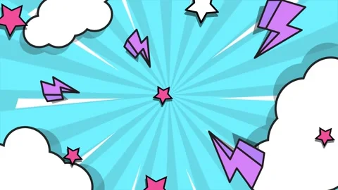 Colorful pop art with dynamic elements lightning cloud stars on blue background Stock Footage 294271679