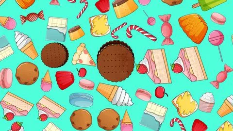 Colorful Pop Art Pattern of Various Sweets and Dessert Illustrations Stock-Illustration