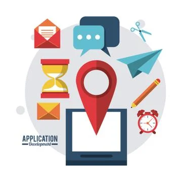 Colorful poster application development with smartphone mail clock map pointer Stock Illustration