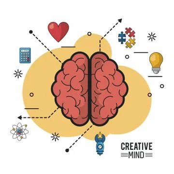 Colorful poster of creative mind with the brain top view of its two hemispheres Stock Illustration