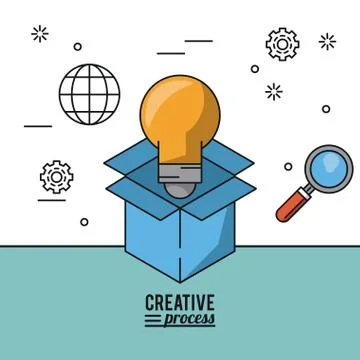 Colorful poster creative process with cardboard box and light bulb and Stock Illustration