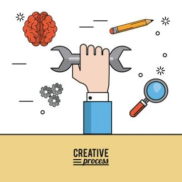 Colorful poster creative process of hand with wrench and icons as pencil and Stock Illustration