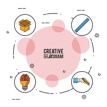 Colorful poster creative process with icons on circles of cardboard box and Stock Illustration