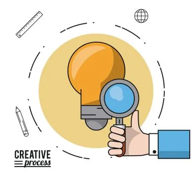Colorful poster creative process with silhouette of hand with magnifying glass Stock Illustration