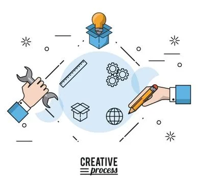 Colorful poster creative process with silhouettes of hands with wrench and 스톡 일러스트