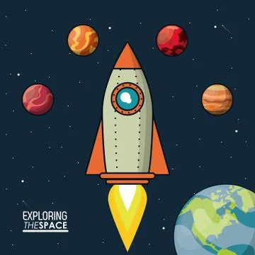 Colorful poster exploring the space with spaceship and planets Stock Illustration