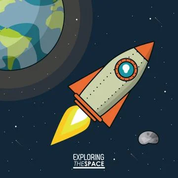 Colorful poster exploring the space with spaceship and planet earth and asteroid Stock Illustration
