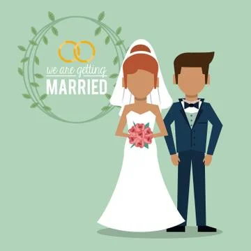 Colorful poster of we are getting married with faceless couple of just married Ilustração Stock