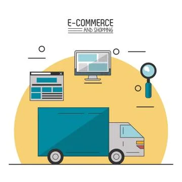 Colorful poster in white background of e-commerce and shopping with truck and Stock Illustration