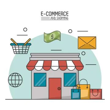 Colorful poster in white background of e-commerce and shopping with store and Stock Illustration