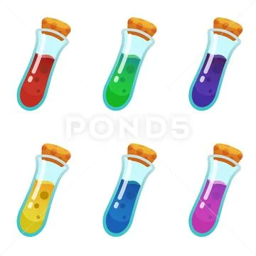 Colorful potion bottle icons set. Assets set for game design and web applic.. Stock Illustration