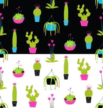 Colorful Potted cactus seamless pattern on black and white Stock Illustration