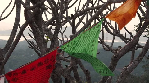 Colorful prayer flags fluttering in the wind Stock Footage 153043546